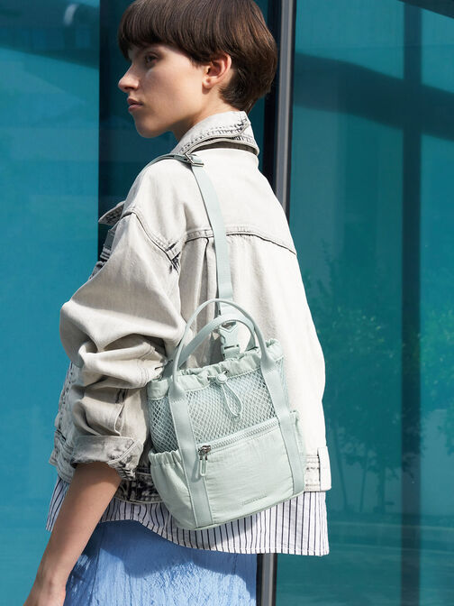 Bolso bombonera Terra de malla y nylon, Verde salvia, hi-res