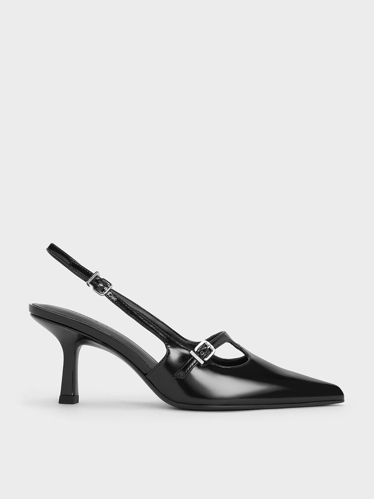 T-Bar Pointed-Toe Slingback Pumps, Negro pulido, hi-res