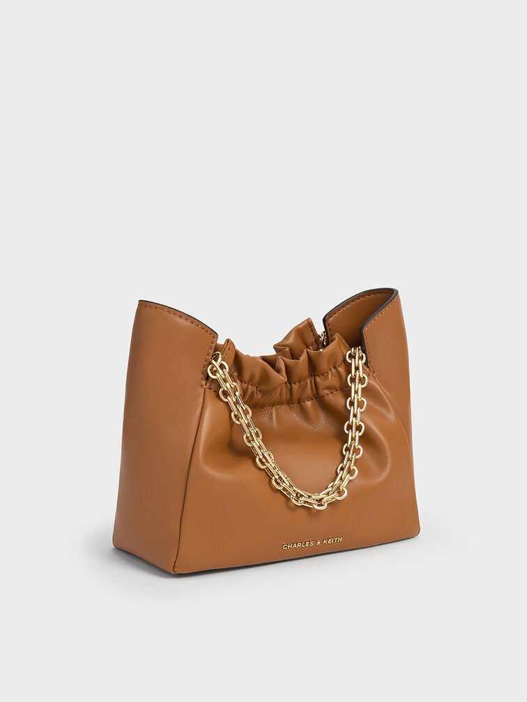 Bolso fruncido Brigette con asa de cadena, Marrón, hi-res
