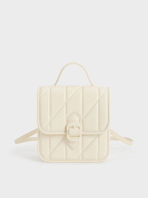 Lin Quilted Belted Backpack, Cream, hi-res