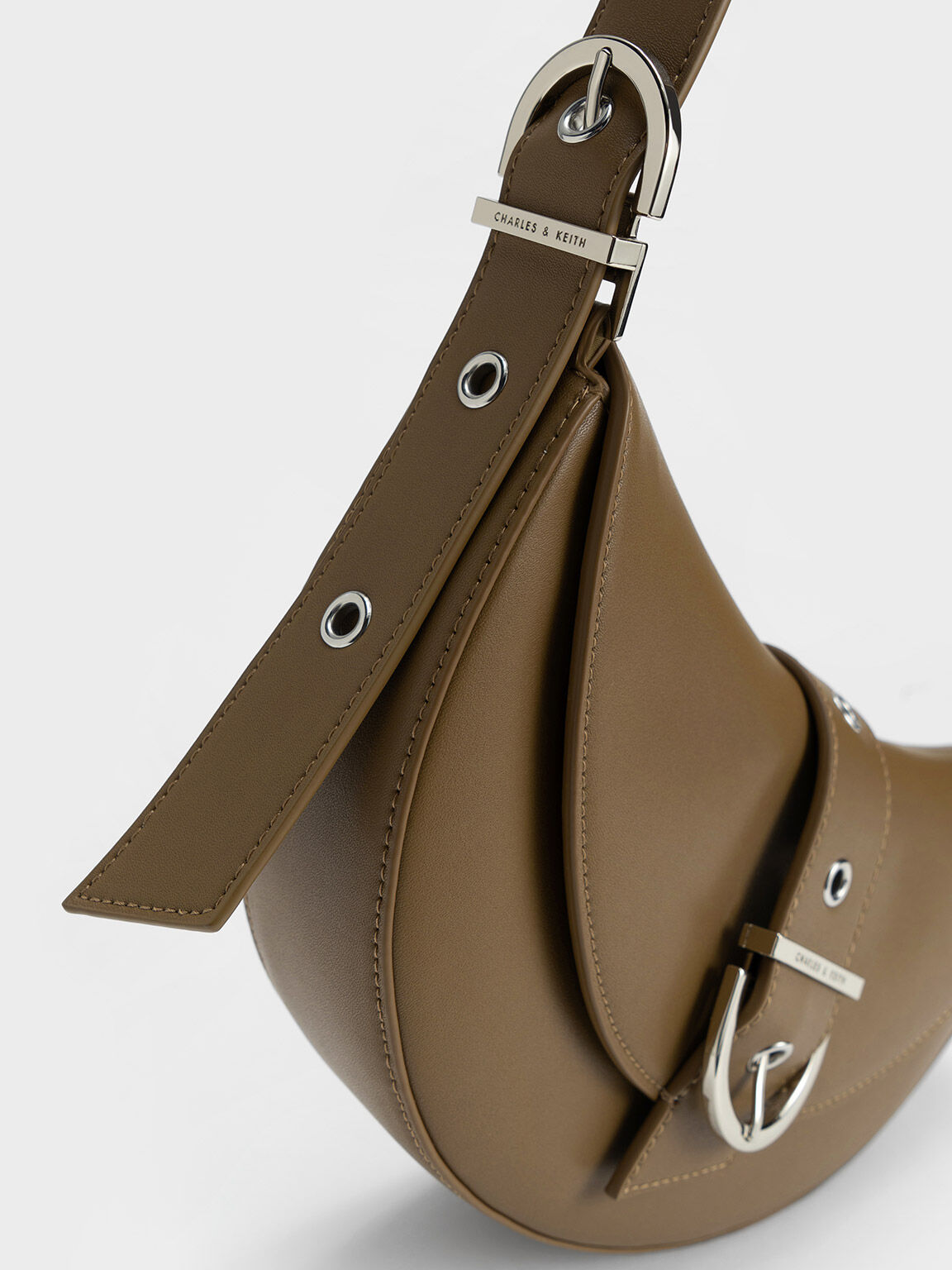 Buckled Strap Crescent Bag, Olive, hi-res