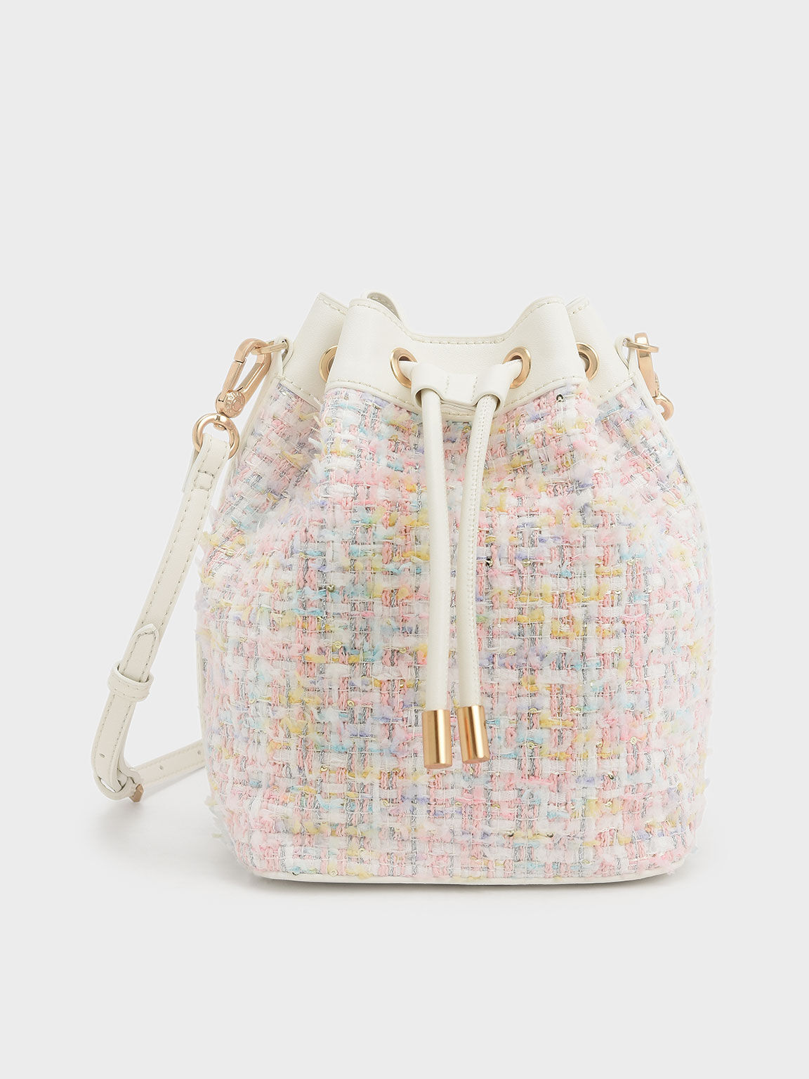 Bolso bombonera de tweed con cordón, Rosa pálido, hi-res