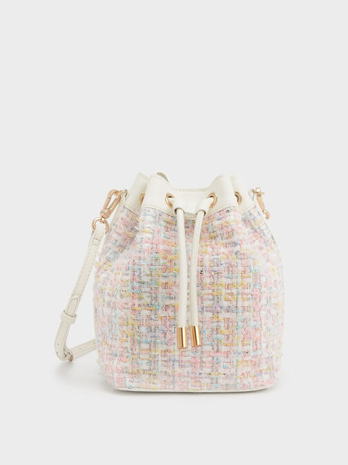 Bolso bombonera de tweed con cordón, Rosa pálido, hi-res