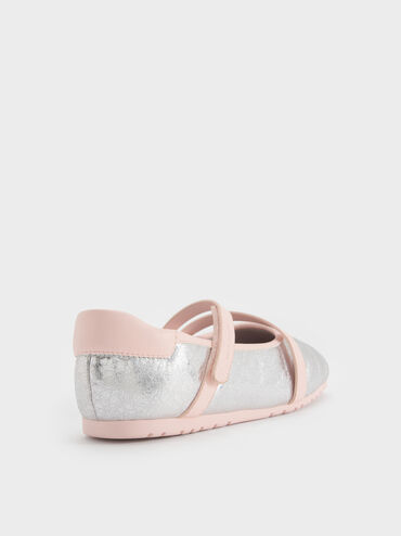 Girls' Metallic Crinkle-Effect Mary Jane Sneakers, Silver, hi-res