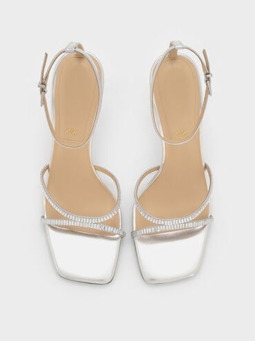 Jaylene Metallic Leather Gem Stiletto Sandals, Silver, hi-res