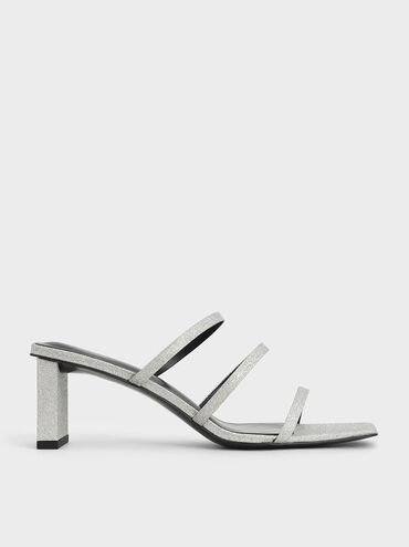 Glitter Strappy Blade Heel Mules, Silver, hi-res