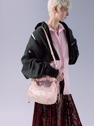 Bolso de satén con lazo y asa fruncida, Rosa pálido, hi-res