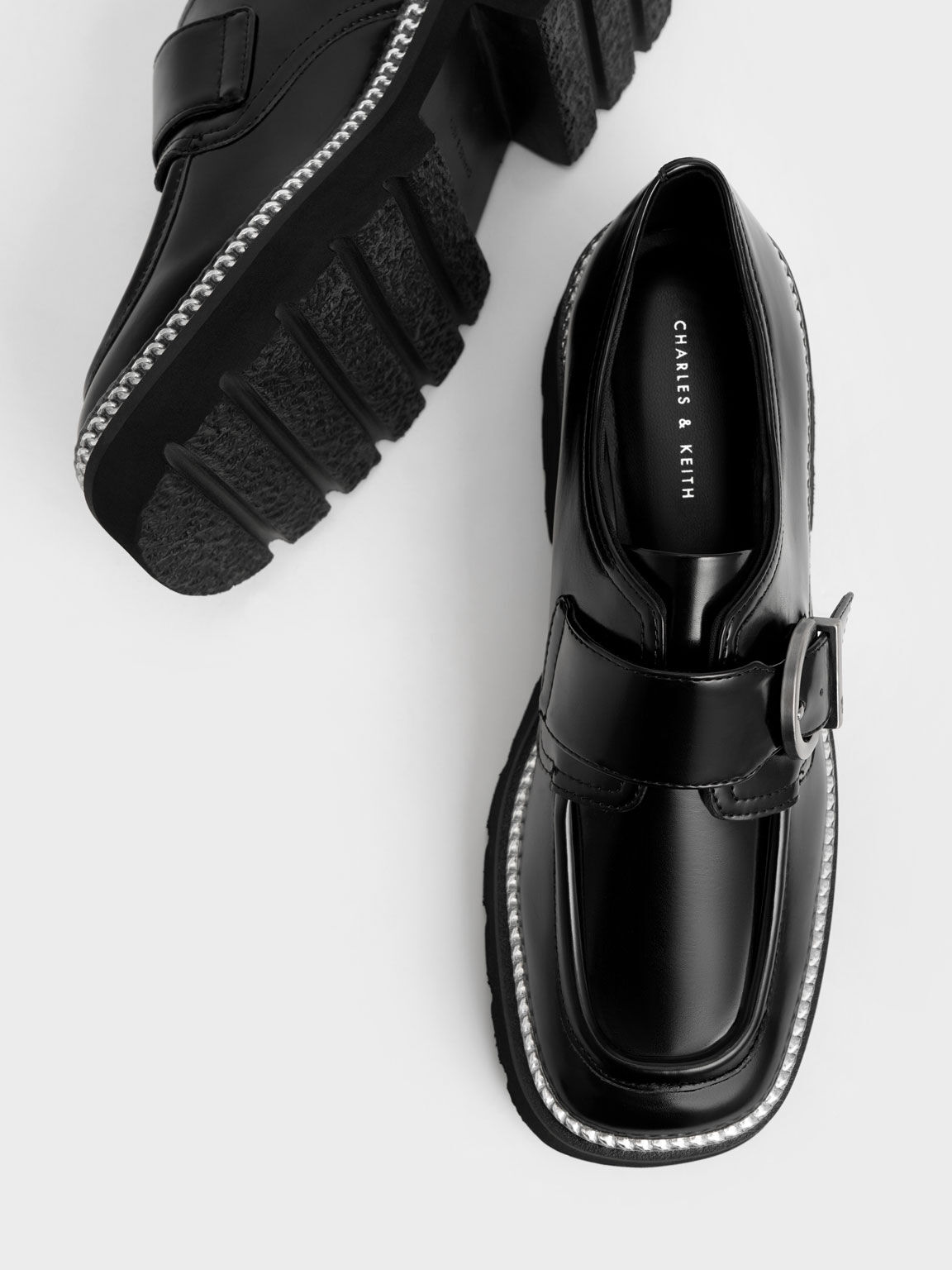 Buckled Chain-Trim Loafers, Black, hi-res