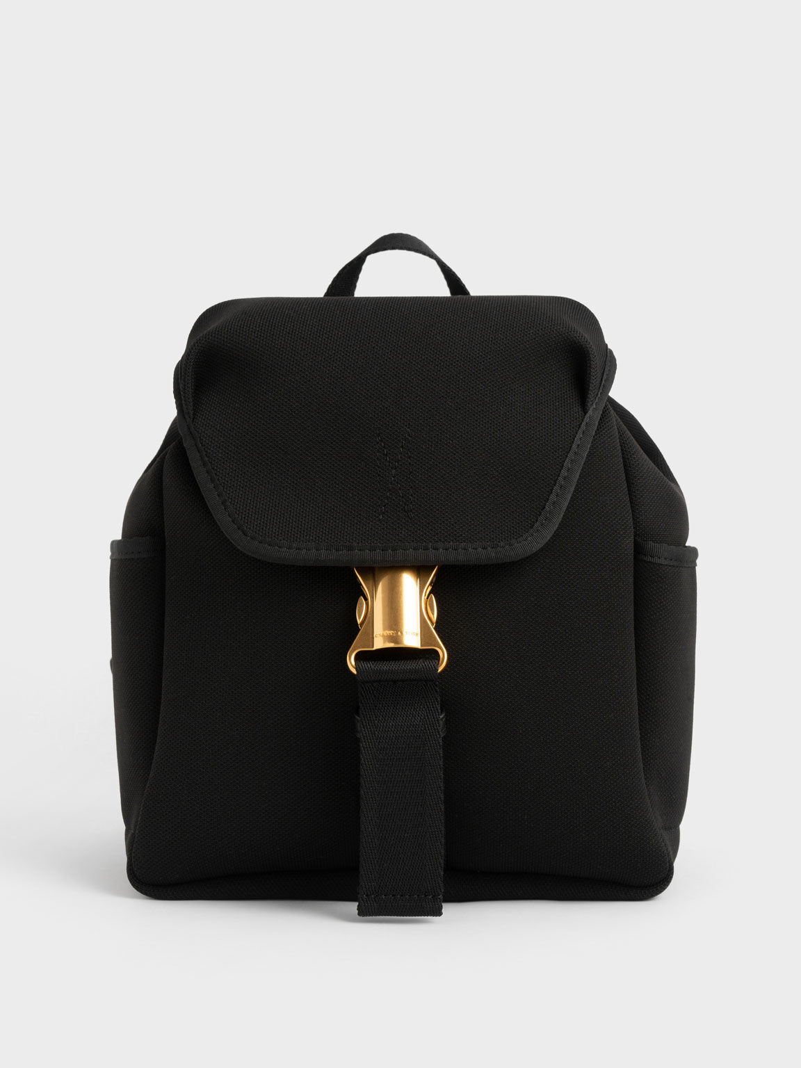 Knit & Nylon Metallic Buckle Backpack, Black, hi-res