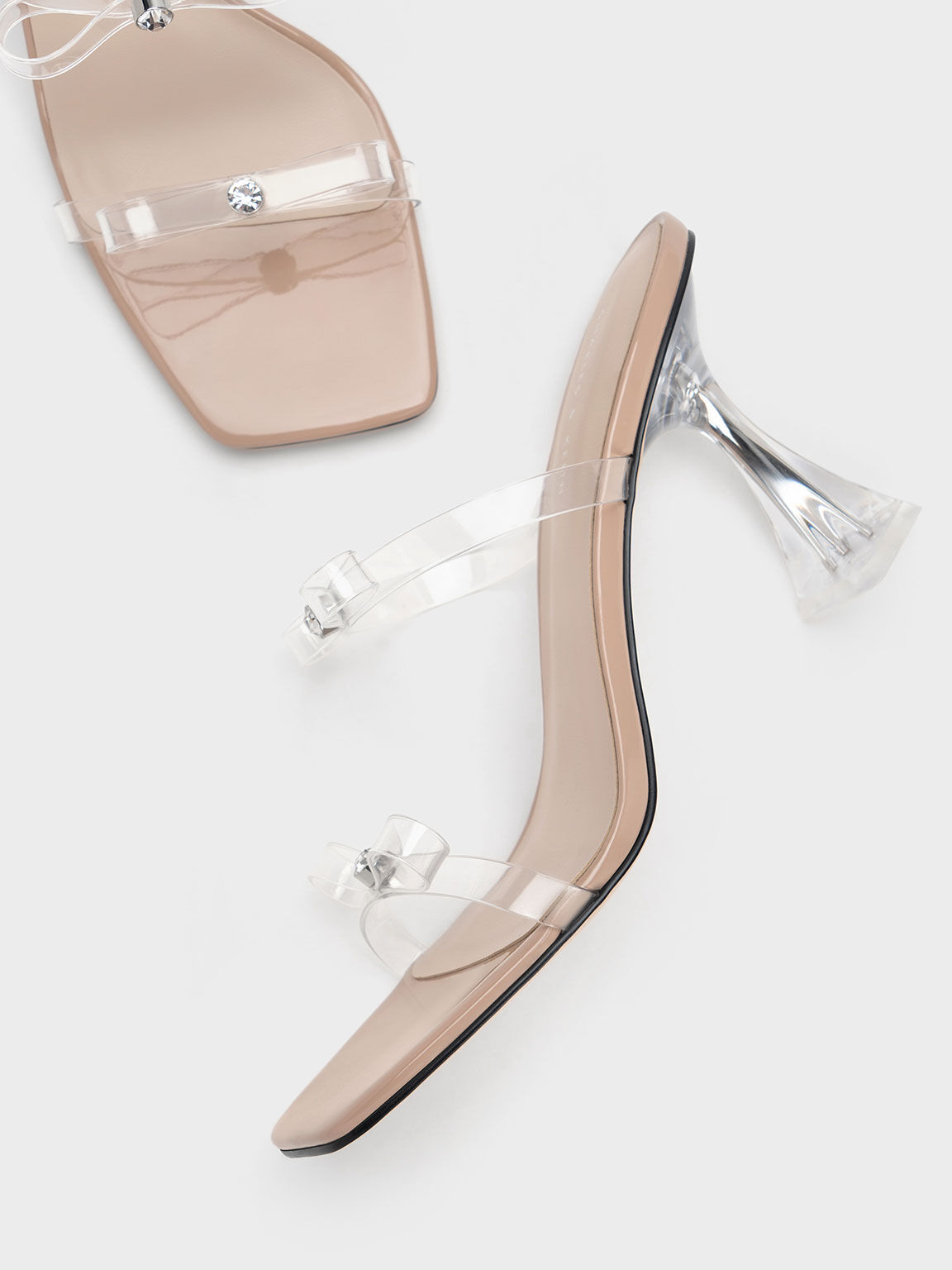 Embellished Bow See-Through Sandals, Nude, hi-res