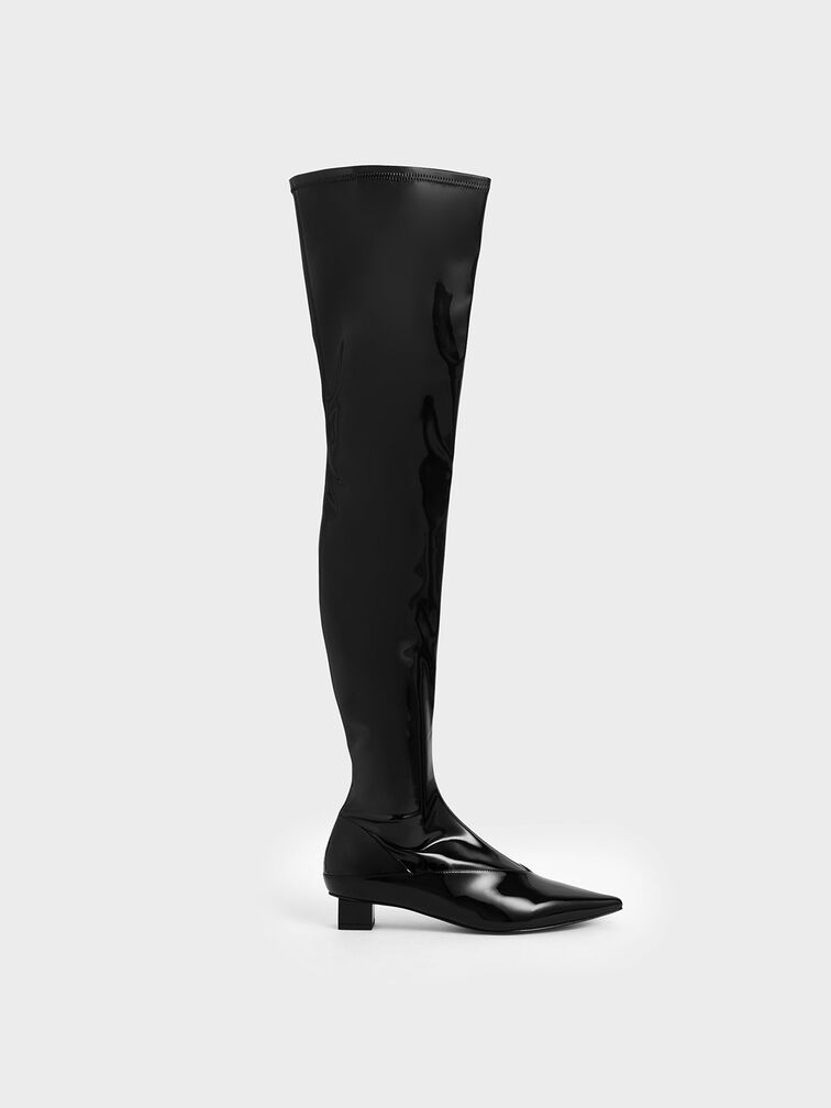 Thigh High Patent Boots, Black, hi-res