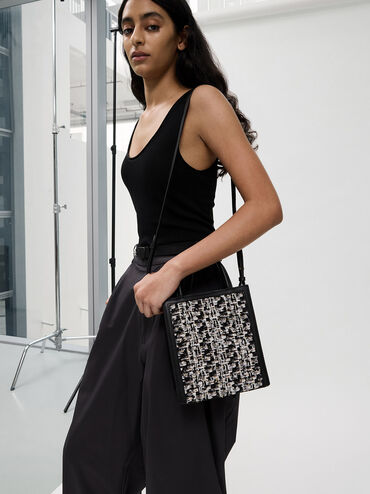 Tweed Double Handle Tote Bag, Black, hi-res
