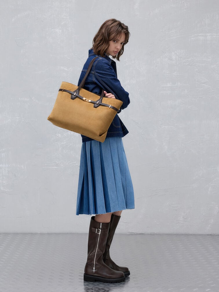 Arlet Recycled Suede Double-Handle Belted Tote Bag, Sahara Sand, hi-res