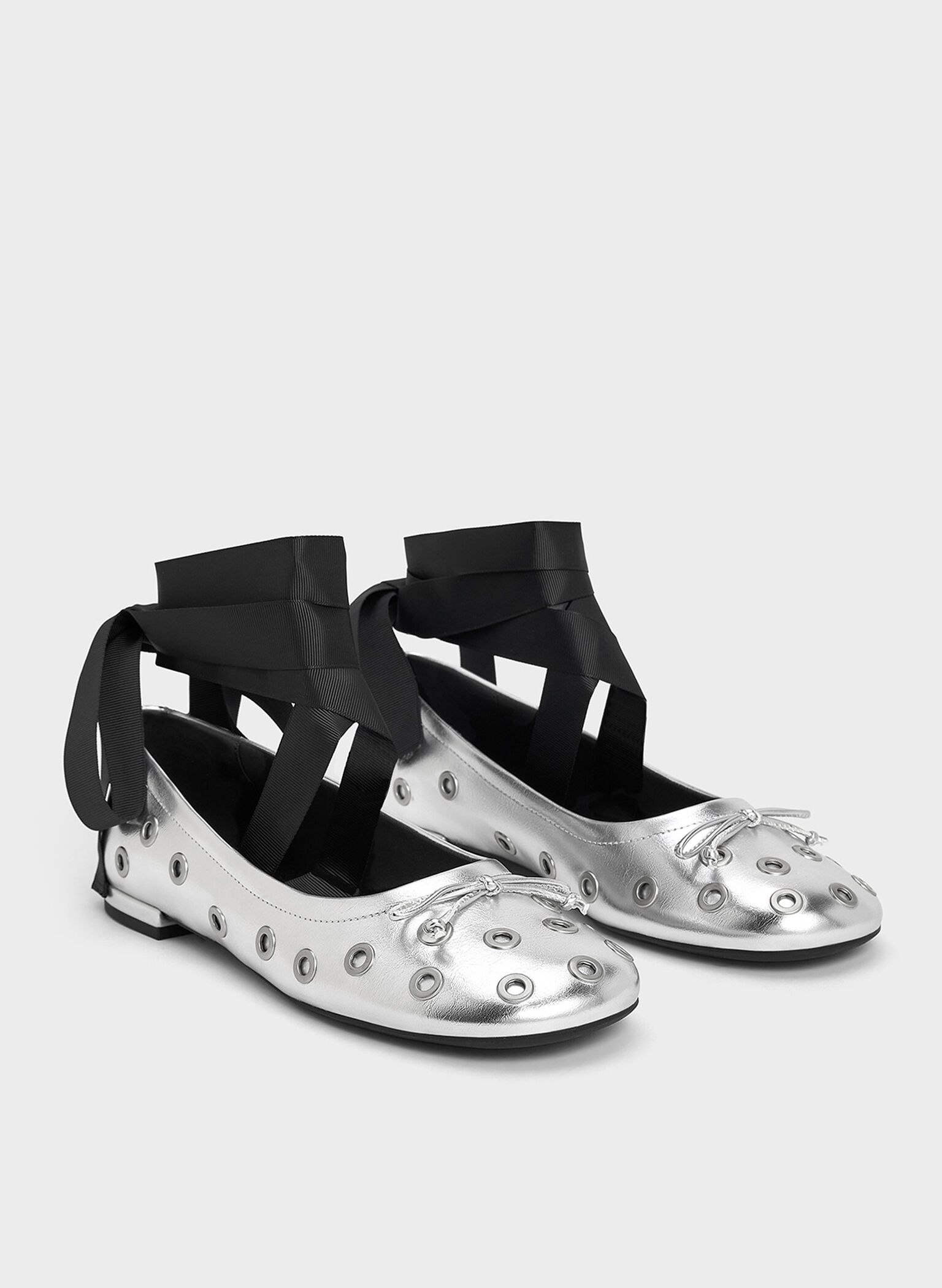 Margot Metallic Grommet Tie-Around Ballet Flats, Silver, hi-res