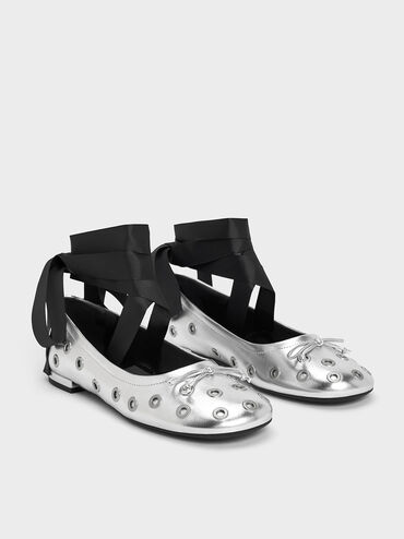 Margot Metallic Grommet Tie-Around Ballet Flats, Silver, hi-res
