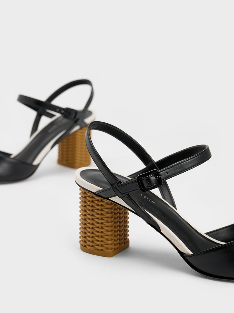 Rattan Block Heel Pumps, Black, hi-res