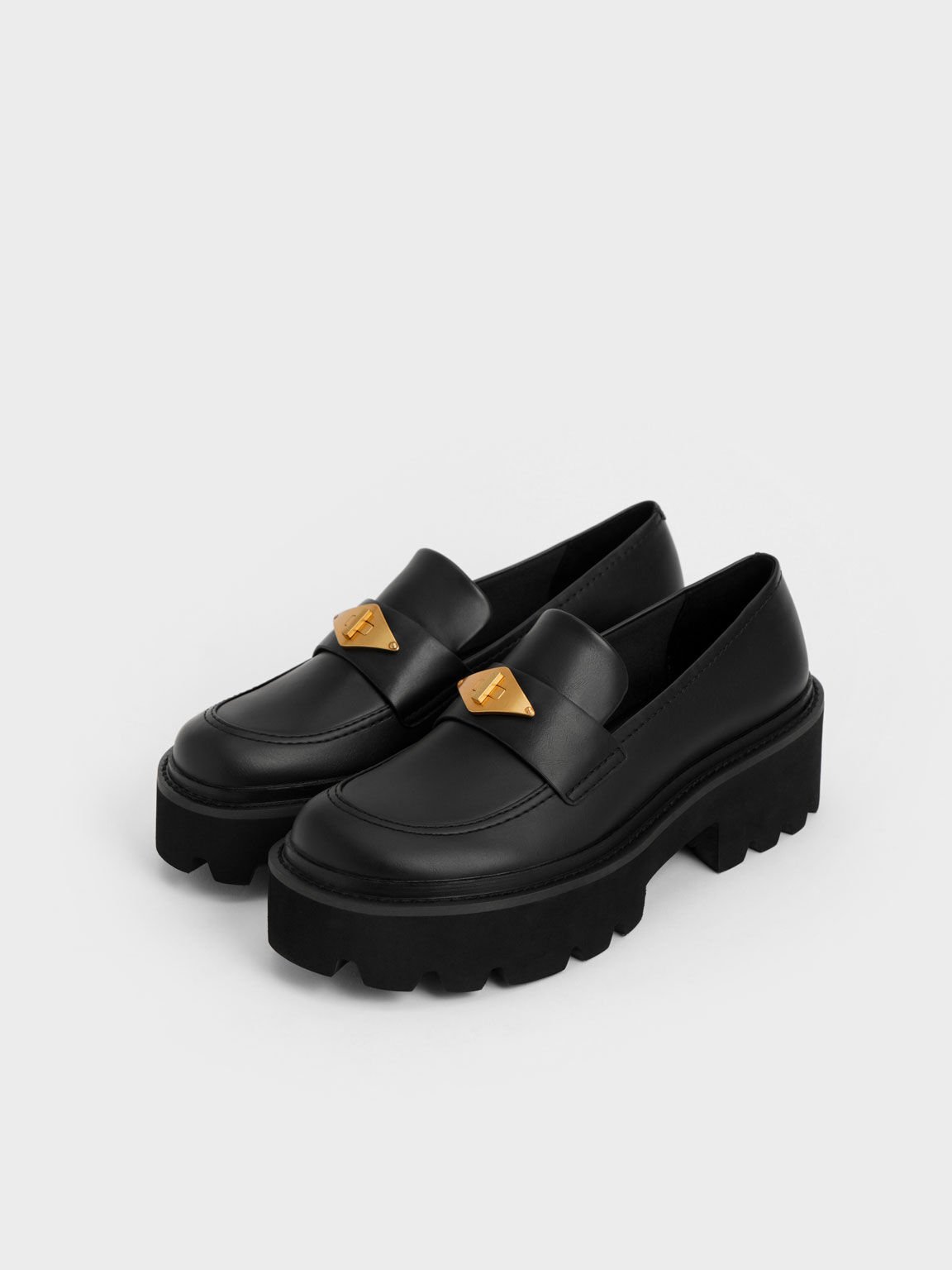 菱釦厚底樂福鞋, 黑色, hi-res