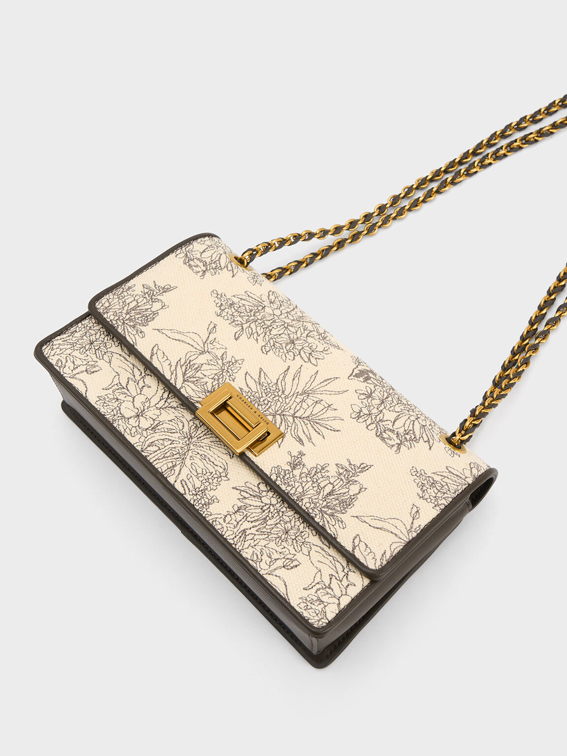 Floral Illustrated Canvas Shoulder Bag, Dark Moss, hi-res