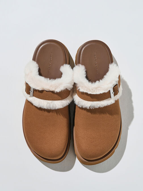 Hannah Textured Fur-Trim Buckled Mules, Brown, hi-res
