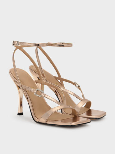 Sandalias de piel metalizada con hebilla de cristal, Bronce, hi-res
