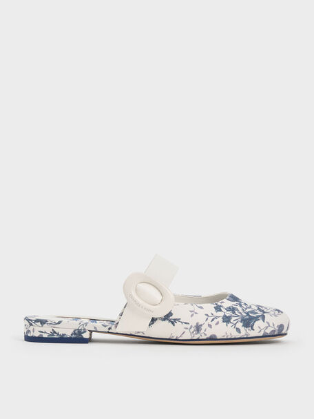 Floral-Print Oval-Buckle Flat Mules, Dark Blue, hi-res