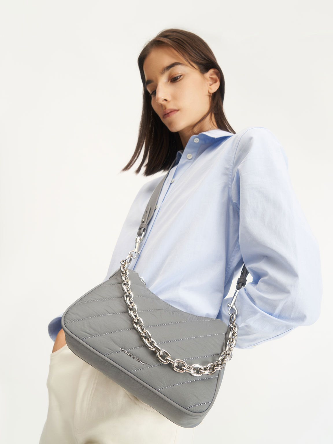 Panelled Chain Handle Crossbody Bag, Grey, hi-res