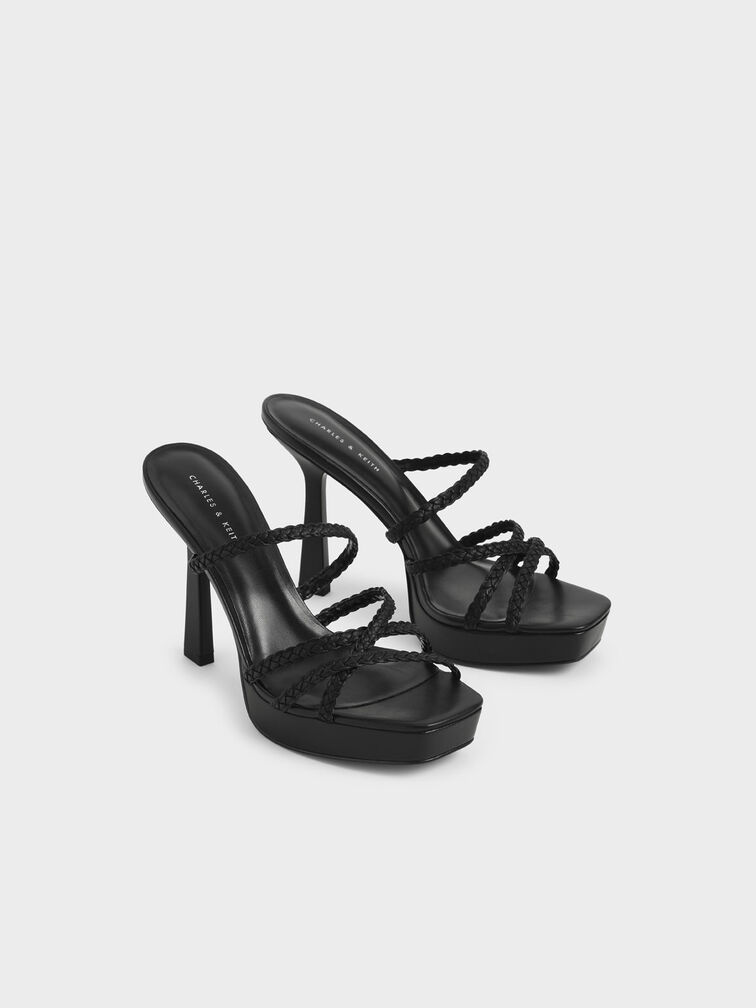 Braided Strap Platform Mules, Black, hi-res