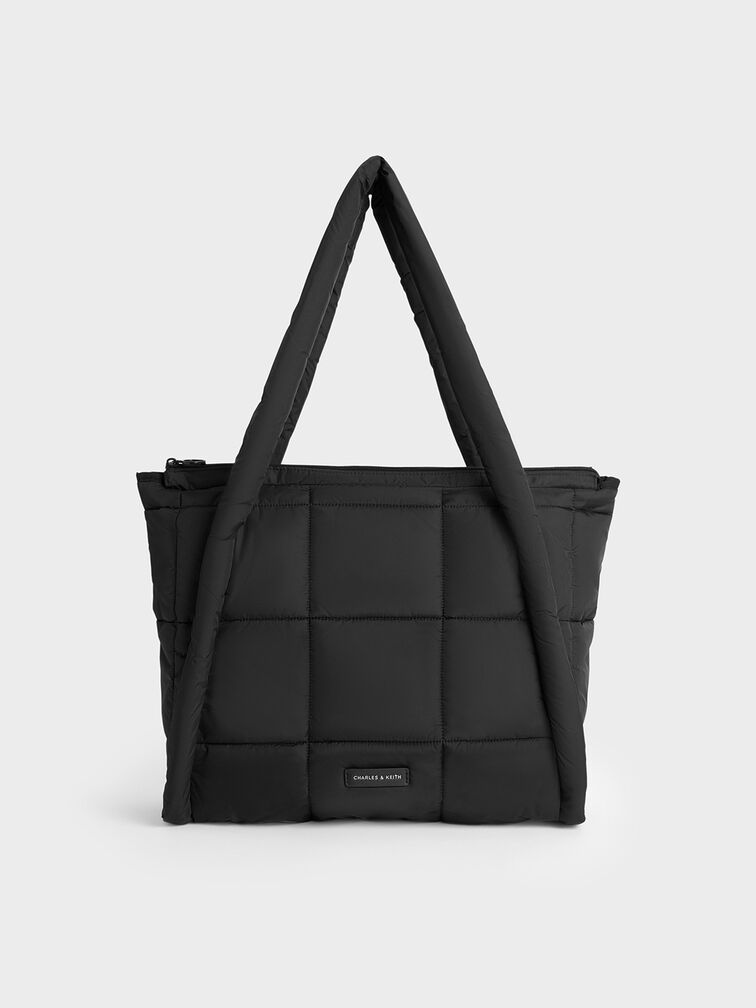 Errya Nylon Quilted Puffy Tote Bag, Jet Black, hi-res