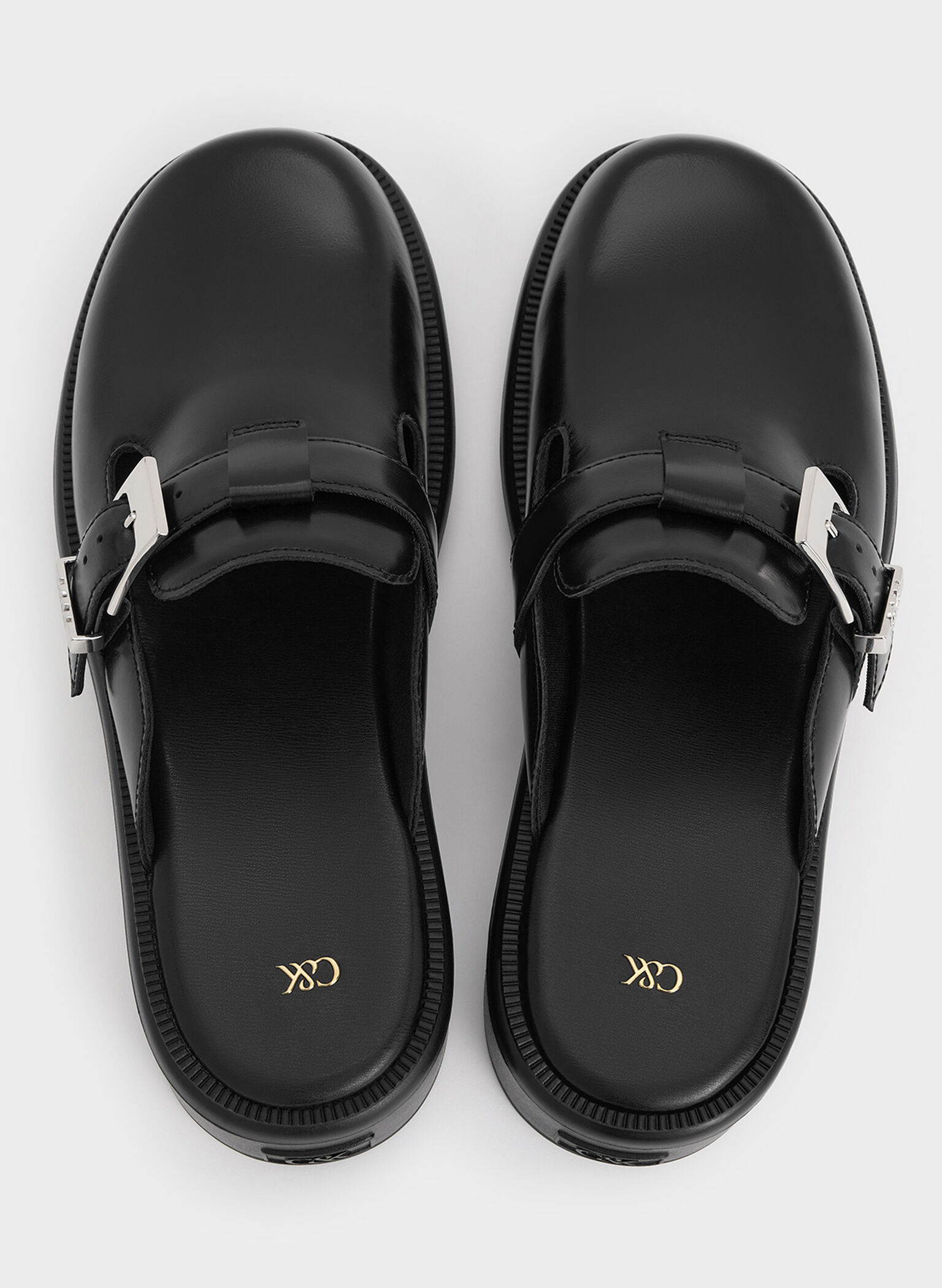 Leather Buckled Mules, Black, hi-res