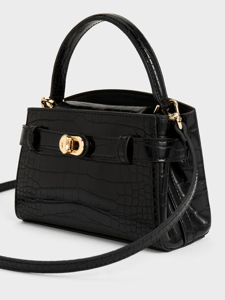 Bolso Aubrielle con asa superior y acabado cocodrilo, Negro, hi-res