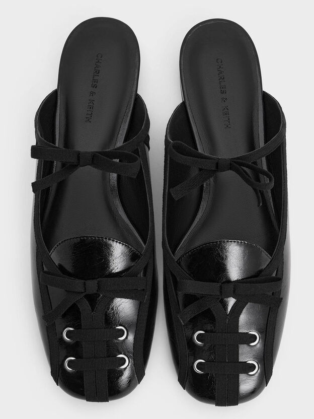 Crinkle-Effect Lace-Up Bow Ballet Mules, Black, hi-res