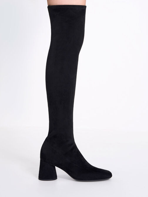 Textured Cylindrical Heel Thigh-High Boots, Black Textured, hi-res