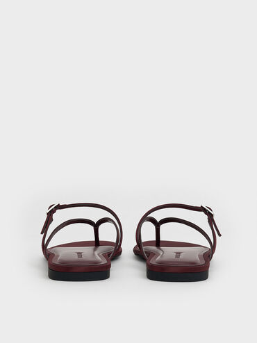 Recycled Polyester Crystal-Buckle Strappy Thong Sandals, Burgundy, hi-res
