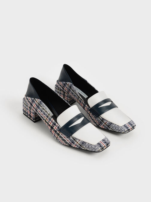 Tweed Block Heel Penny Loafers, Dark Blue, hi-res