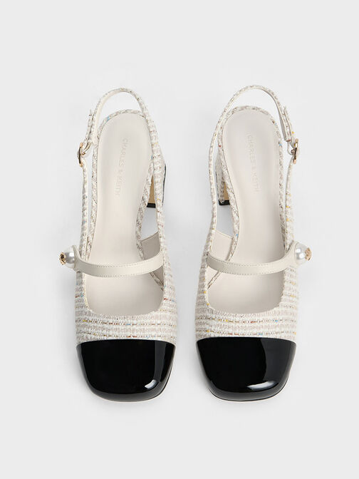 Tweed Pearl Embellished Trapeze-Heel Slingback Pumps, Cream, hi-res