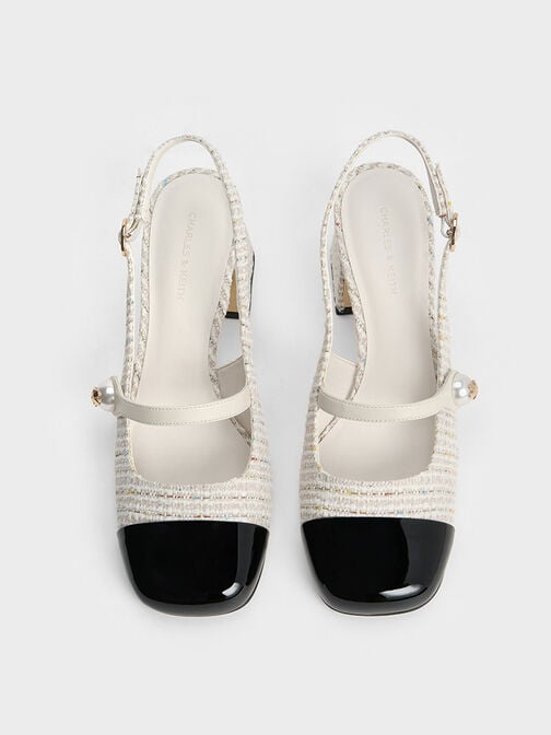 Zapatos destalonados de tweed con tacón trapecio y perlas, Crema, hi-res