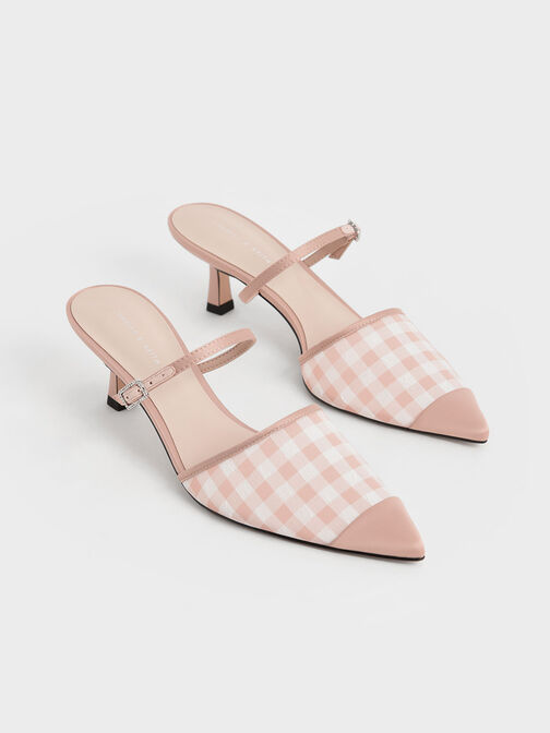 Satin & Check-Print Embellished-Buckle Mules, Blush, hi-res