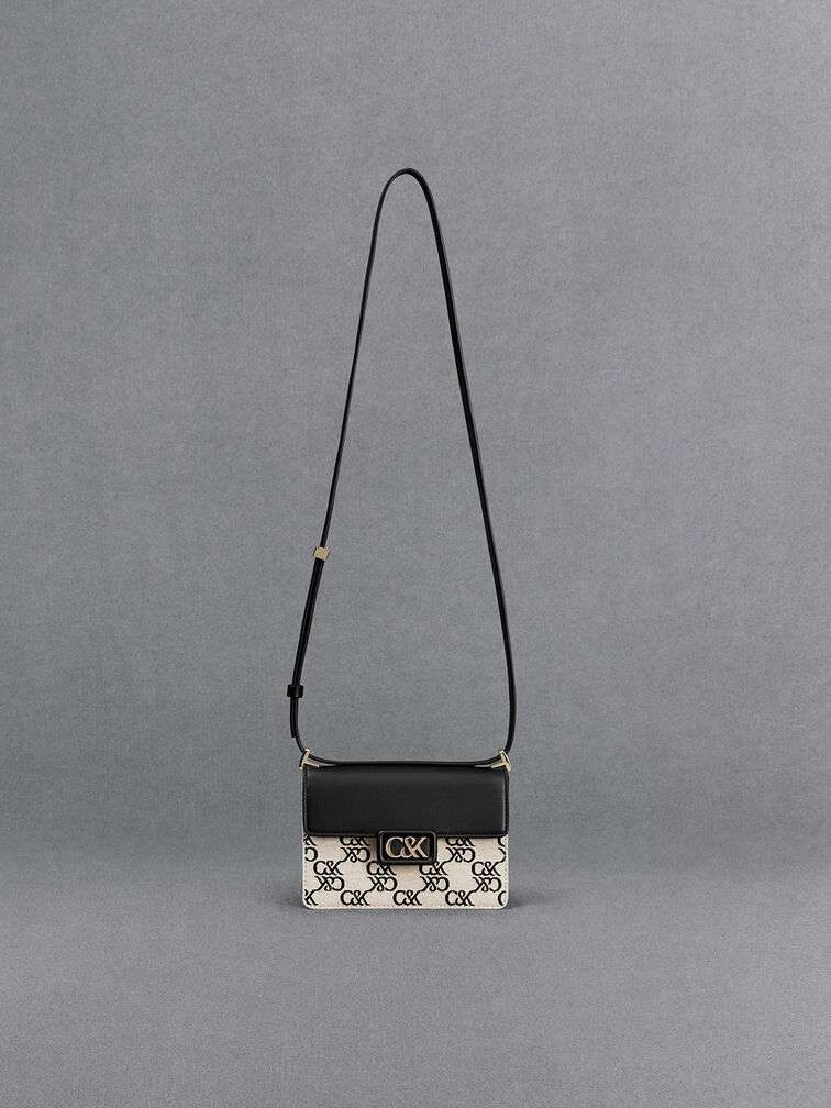 Mini Cerys Leather & Canvas Monogram Shoulder Bag, Black, hi-res