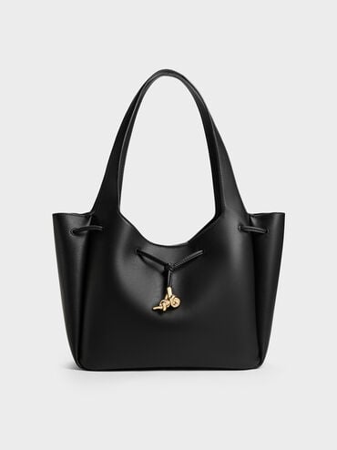 Mila Metallic-Knot Drawstring Tote Bag, Black, hi-res