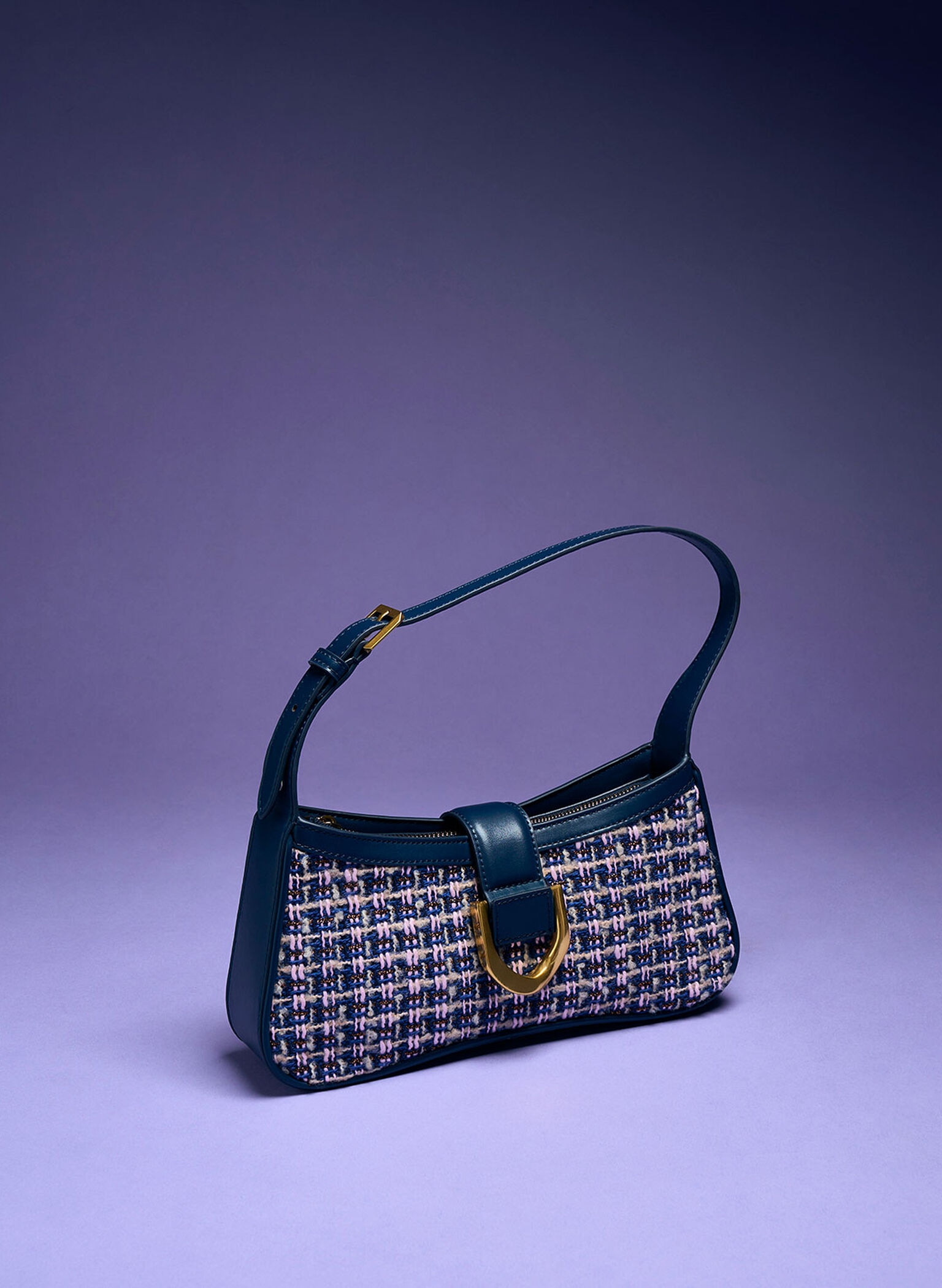 Gabine Tweed Curved Shoulder Bag, Navy, hi-res