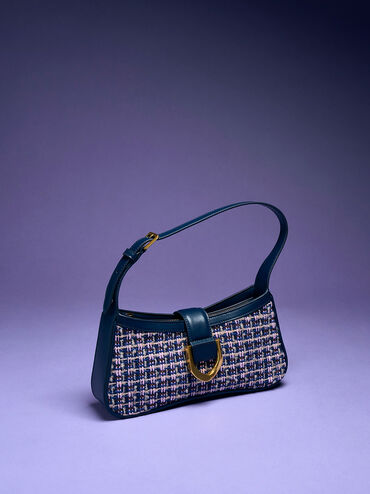 Bolso de hombro curvo Gabine de tweed, Azul marino, hi-res