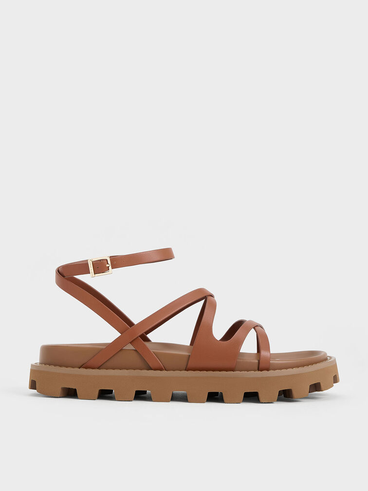 Crossover Ankle-Strap Sandals - Cognac