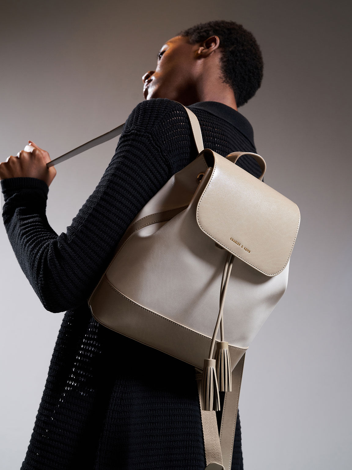 Light Grey Genevieve Two Tone Printed Tassel Backpack CHARLES