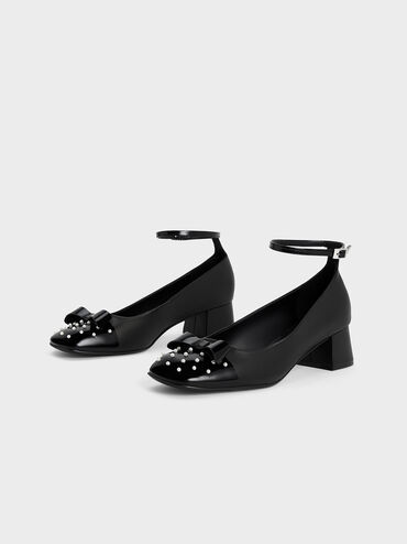 Pearl-Embellished Leather Bow Ankle-Strap Pumps, Black, hi-res