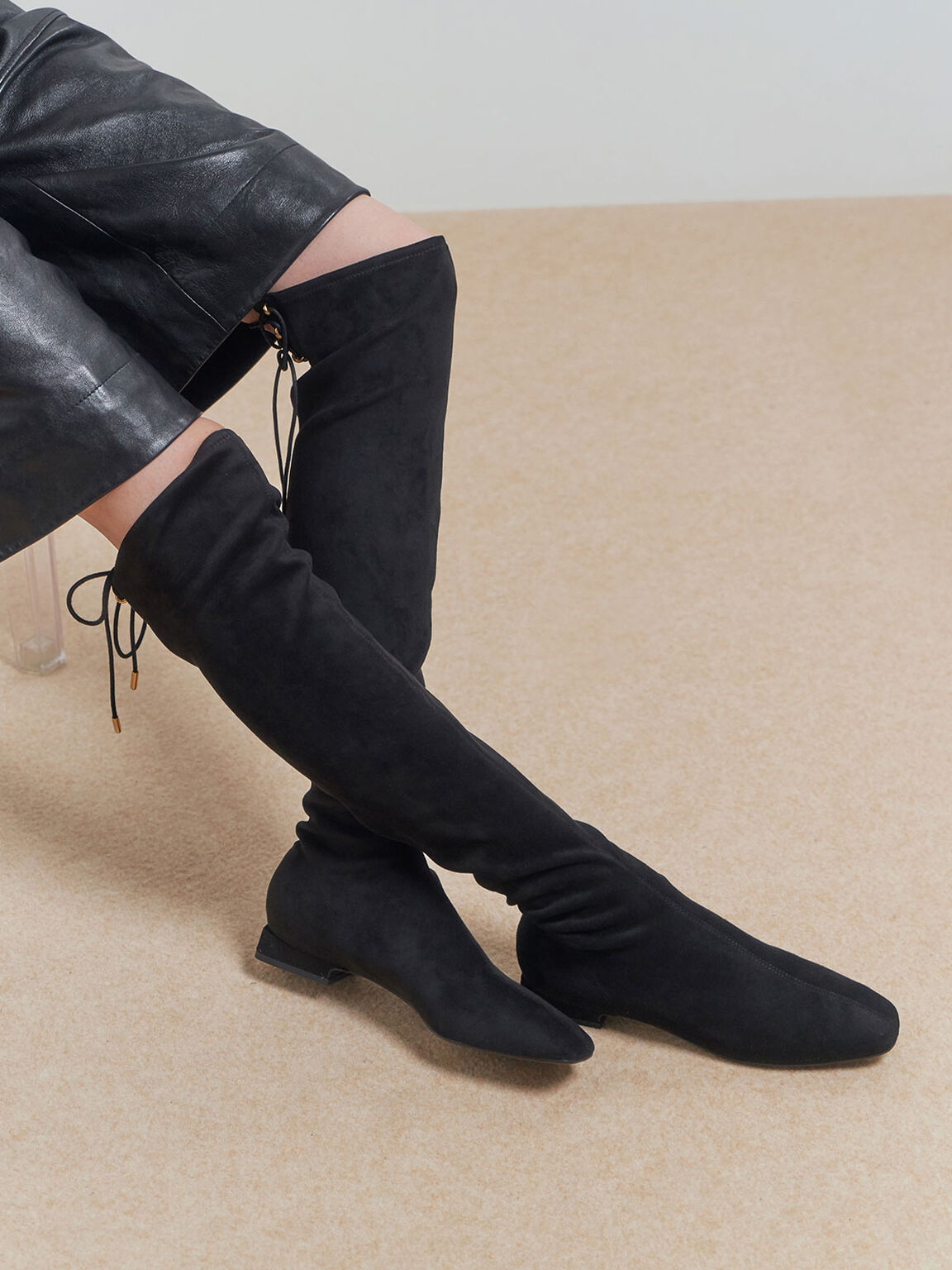 Textured Thigh High Boots, Black, hi-res