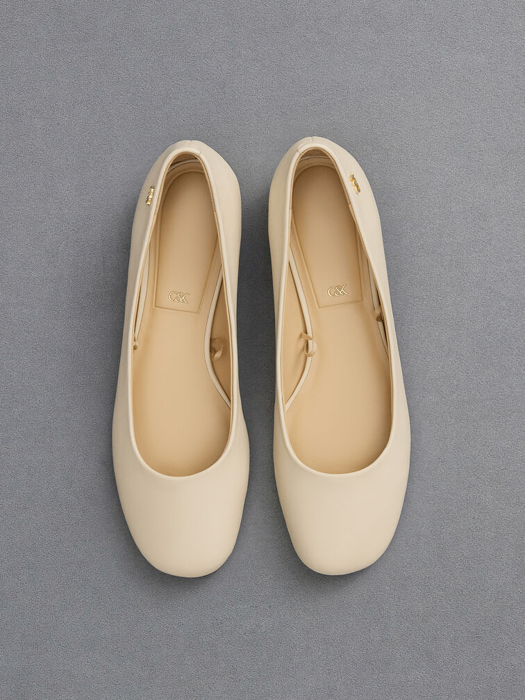 Leather Monogram Tie-Around Ballet Flats, Chalk, hi-res