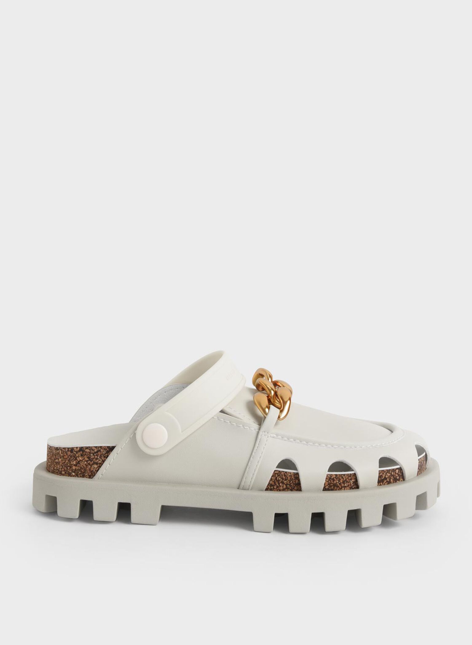 Brighton Chunky Chain-Link Flat Mules, White, hi-res