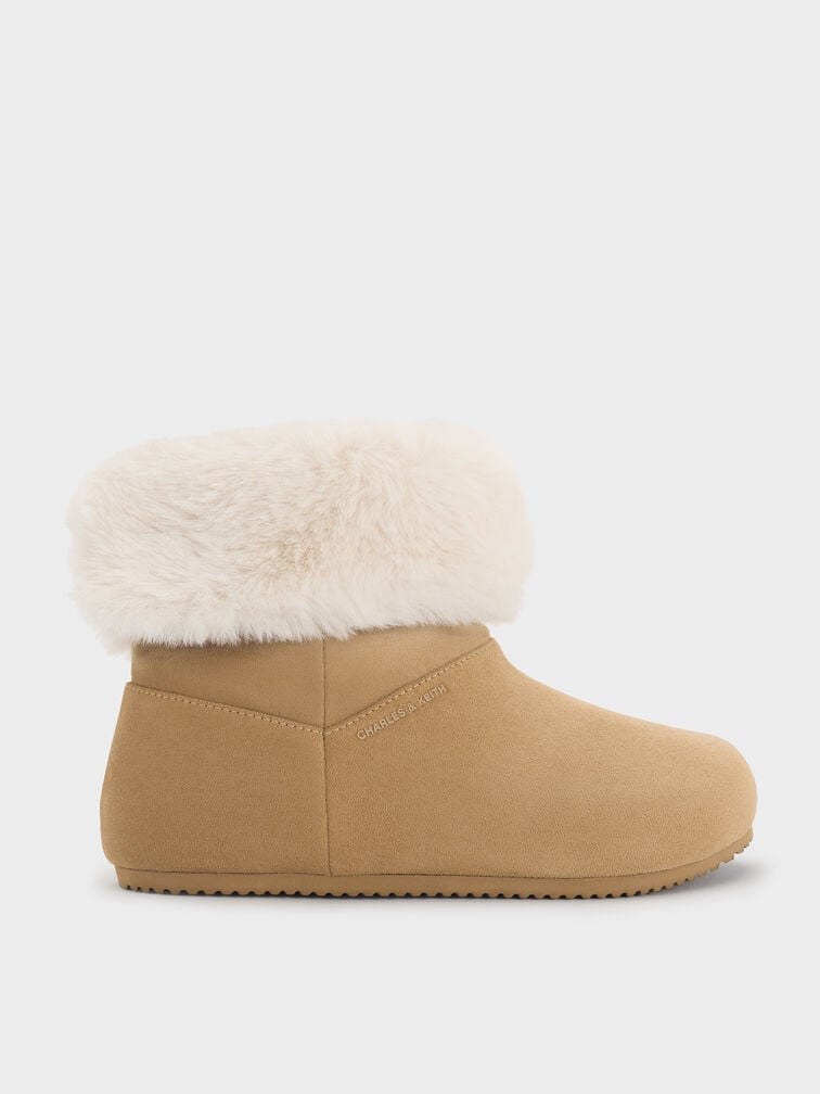 Girls' Faux Suede & Faux Fur Foldover Ankle Boots, Sand, hi-res