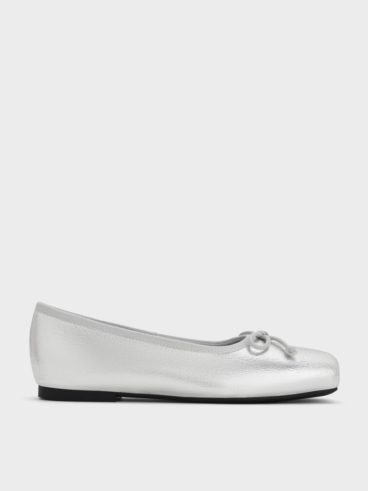 Girls' Metallic Bow Square-Toe Crossover-Strap Ballet Flats, Silver, hi-res