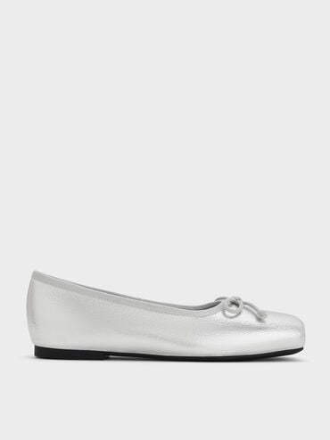 Girls' Metallic Bow Square-Toe Crossover-Strap Ballet Flats, Silver, hi-res
